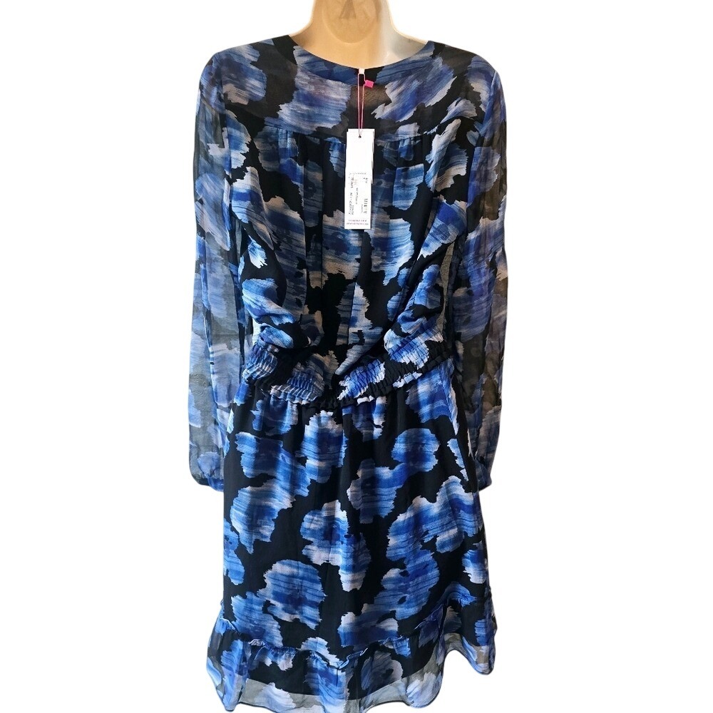 Parker New York Atticus Silk Mini Dress Blue Black Abstract Floral Smocked S New - Picture 6 of 8